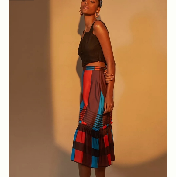 Anthropologie Eva Franco Flounced Midi Skirt blue orange...